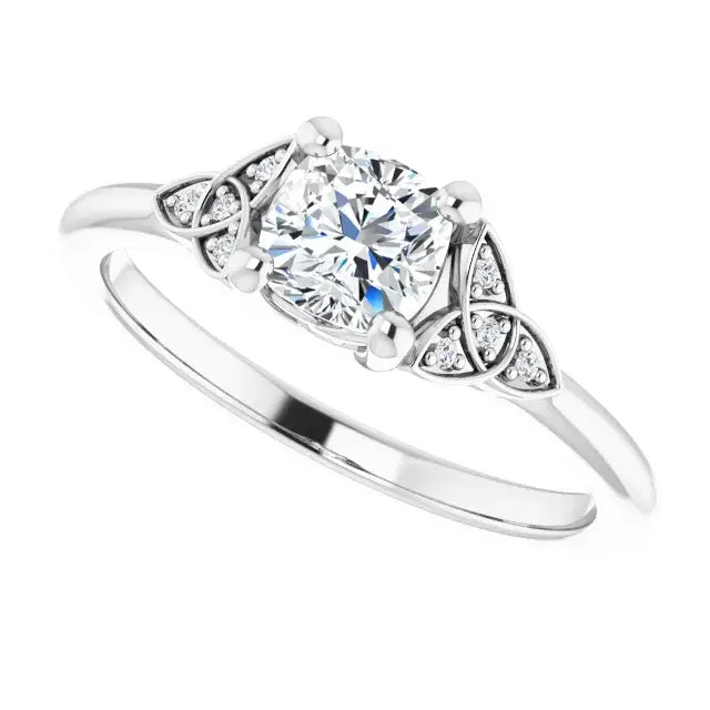 14K White Gold Cushion-Cut Diamond Engagement Ring with Celtic Knot Accents