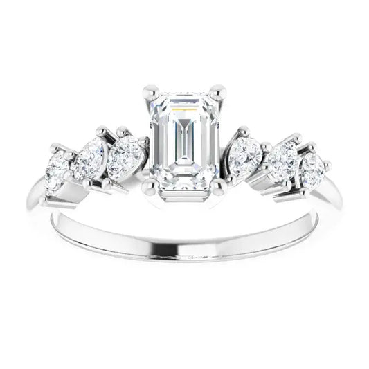14K White Gold Emerald Cut Diamond Engagement Ring with Marquise and Round Accent Diamonds