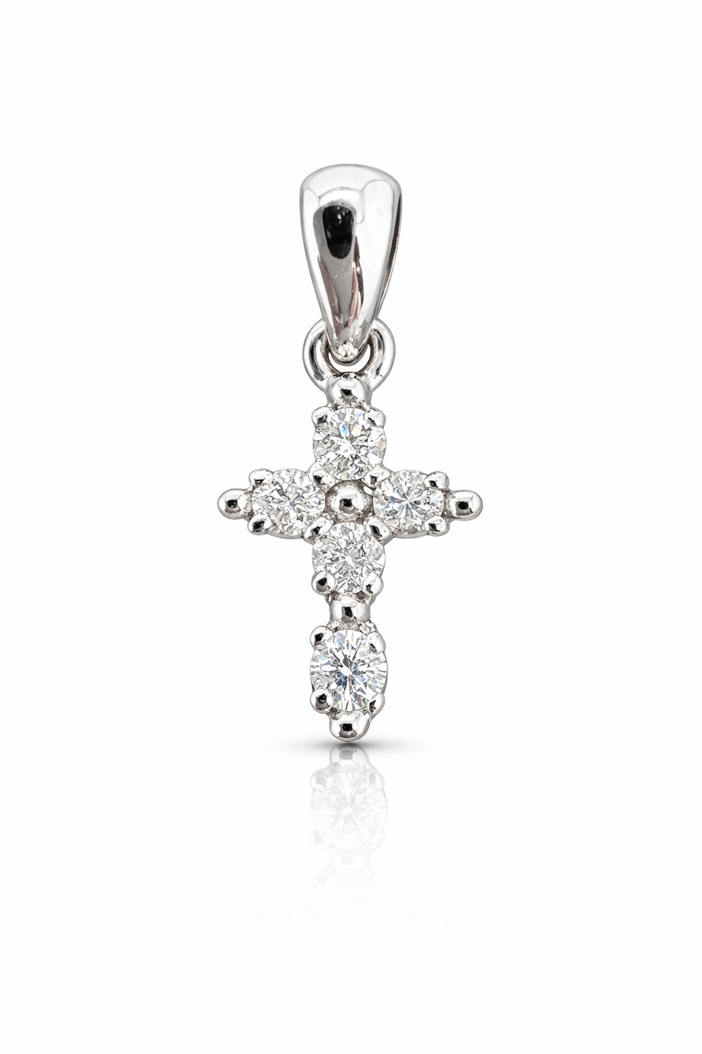 Silver cross pendant with clear stones on a white background