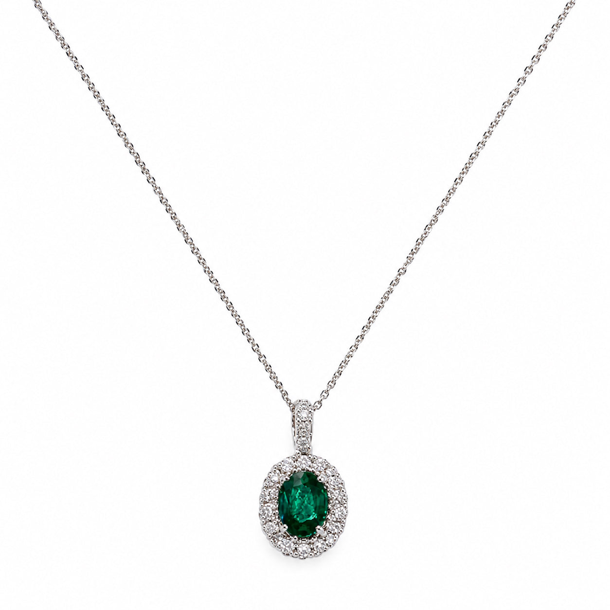 14K White Gold Necklace with 0.70ctw Emerald & 0.37ctw Natural Diamonds