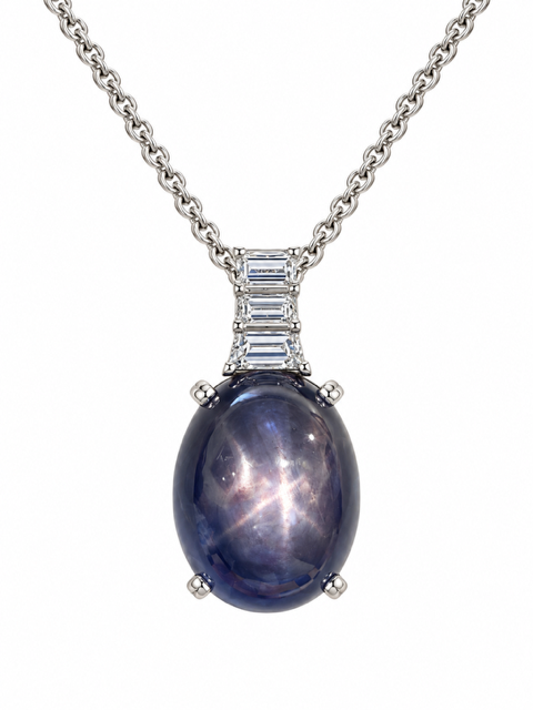 14K White Gold Necklace with 39.62ct Certified Natural Blue Star Sapphire and Natural Diamonds