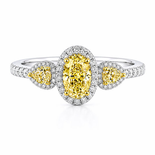 14K White Gold Ring with 1.20 ctw of Natural Yellow Oval and Pear and White Melee Diamonds
