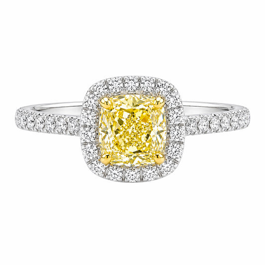 14K White Gold Ring with 1.34 ctw of Natural Yellow Cushion and White Melee Diamonds