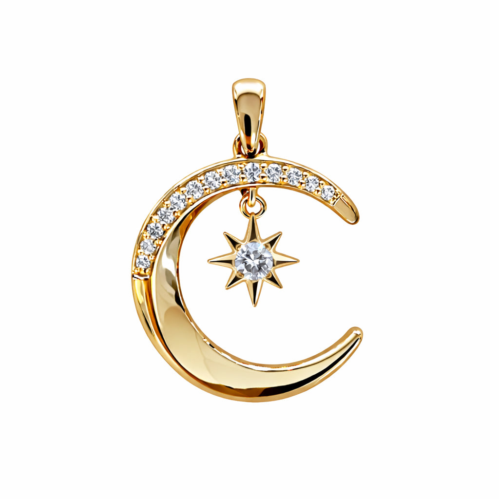 Gold pendant with a crescent moon and star design on a white background