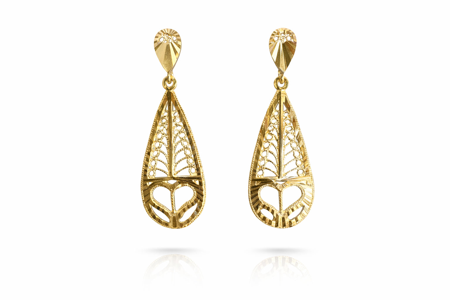 14K Yellow Gold Diamond Cut Filigree Dangle Earrings-