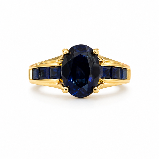 14K Yellow Gold Oval Sapphire Ring with Channel Set Sapphire Accents