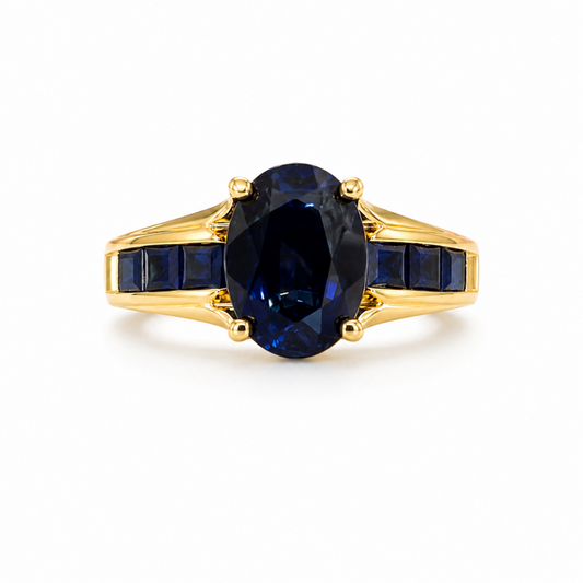 14K Yellow Gold Oval Sapphire Ring with Channel Set Sapphire Accents
