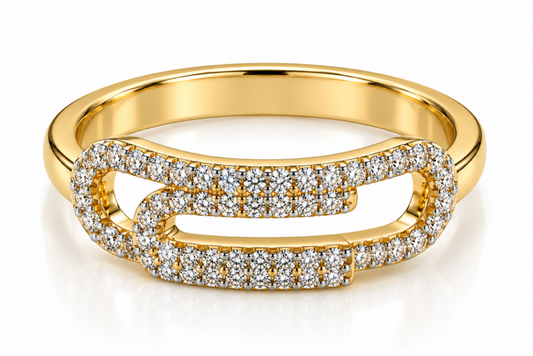 A yellow gold ring featuring two interlocking open oval bands, both heavily set with small round-cut diamonds, shown on a clean white background.