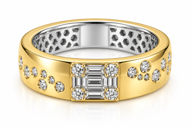 A yellow gold and silver band ring featuring a central square cluster of baguette and round-cut diamonds, flanked by rows of small accent diamonds on a clean white background.