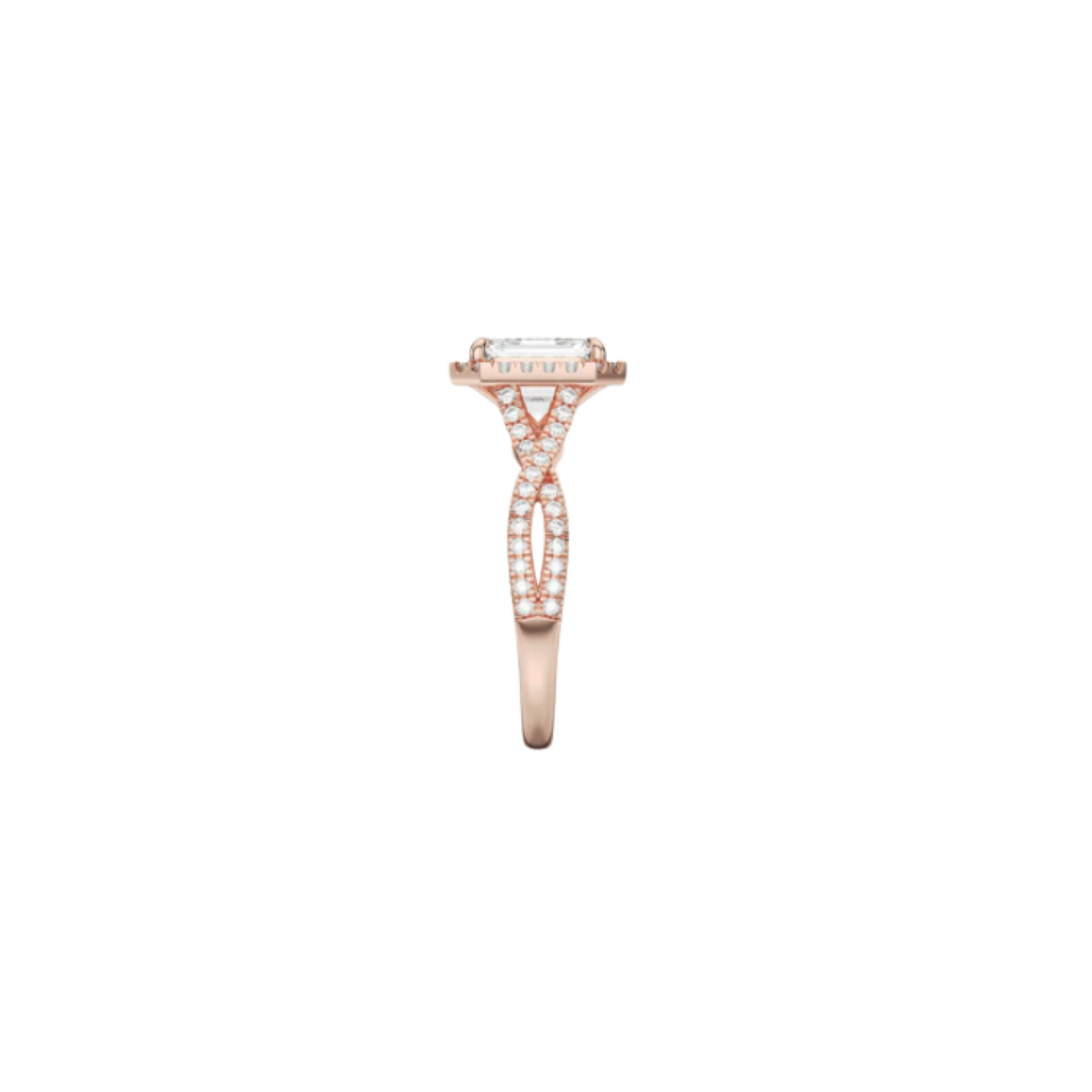 Rose gold ring with a diamond on a white background