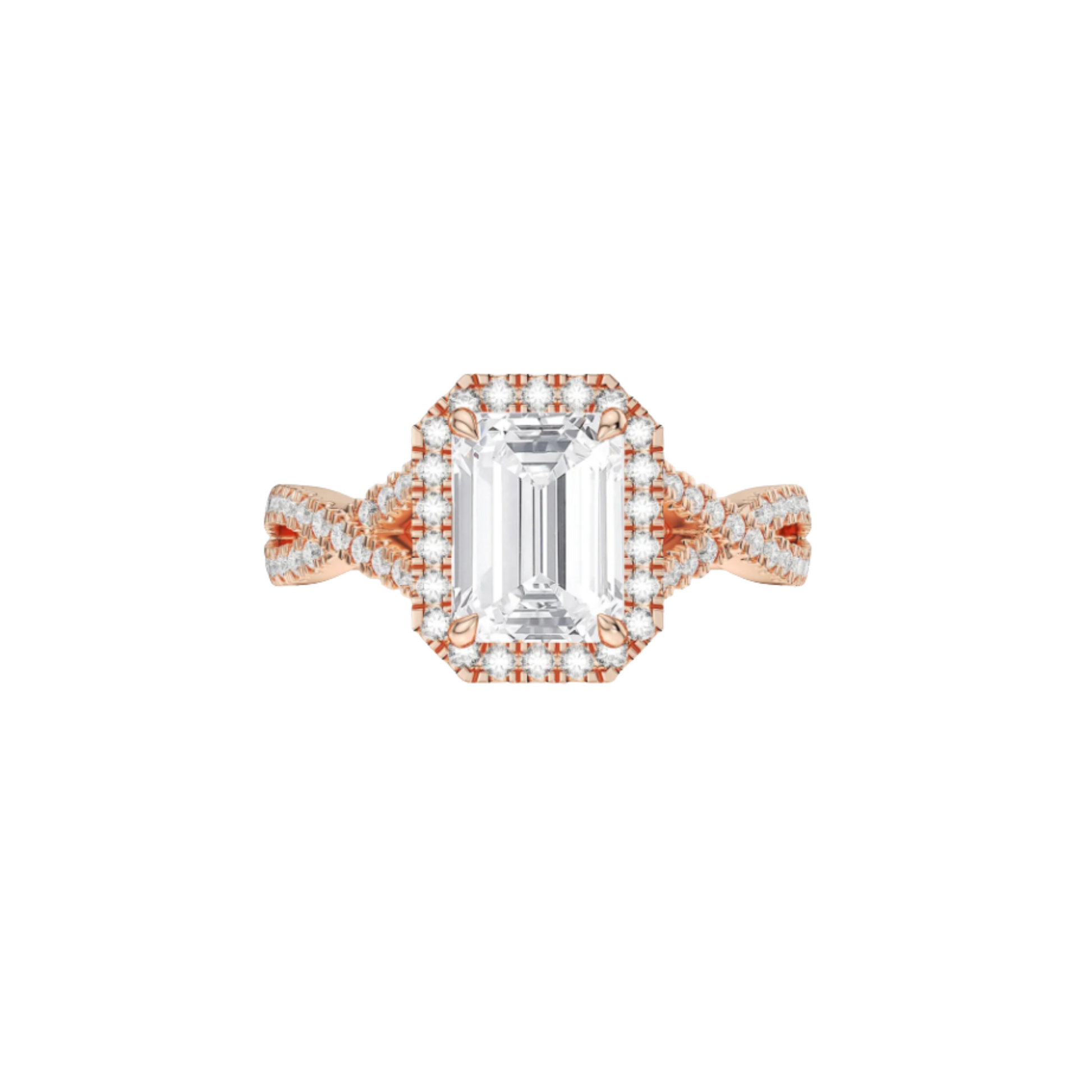 Rose gold ring with a large central gemstone and smaller stones on a white background