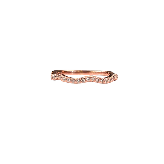 Rose gold ring with small diamonds on a white background