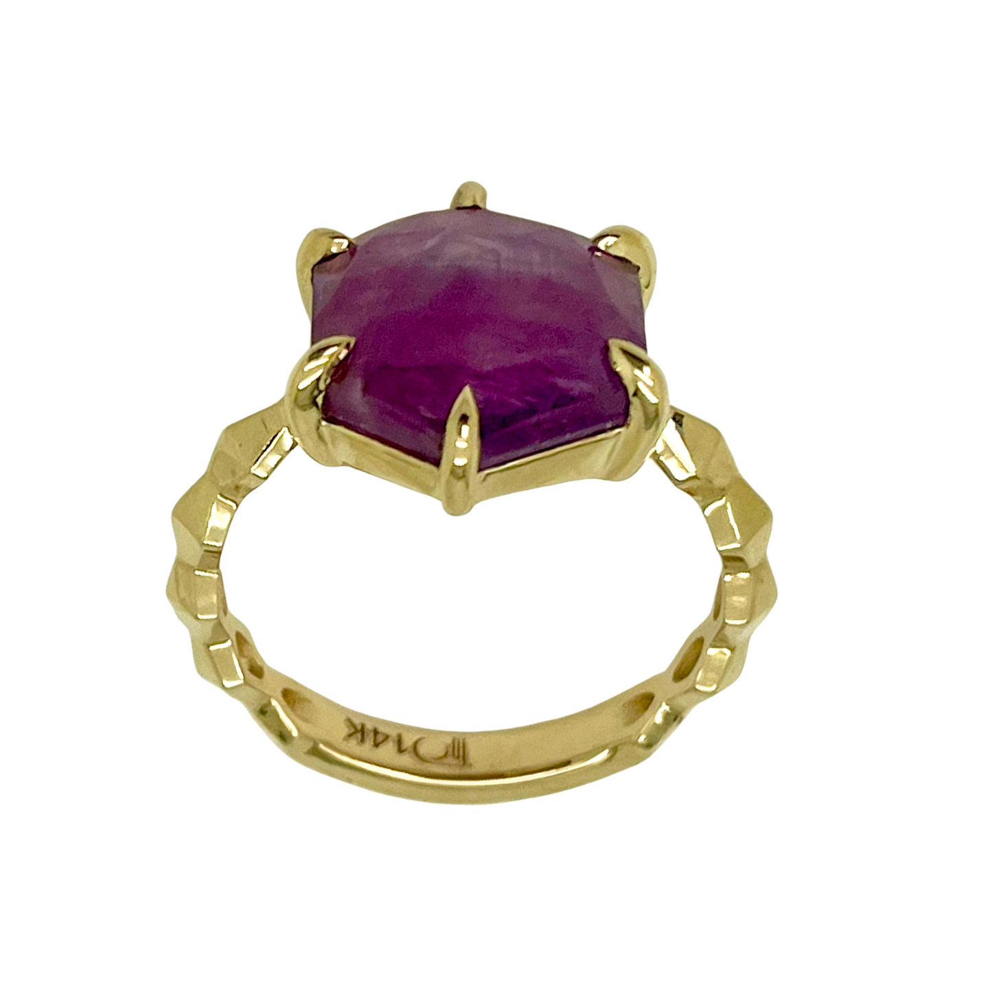 14K Yellow Gold ring with a ruby gemstone on a white background