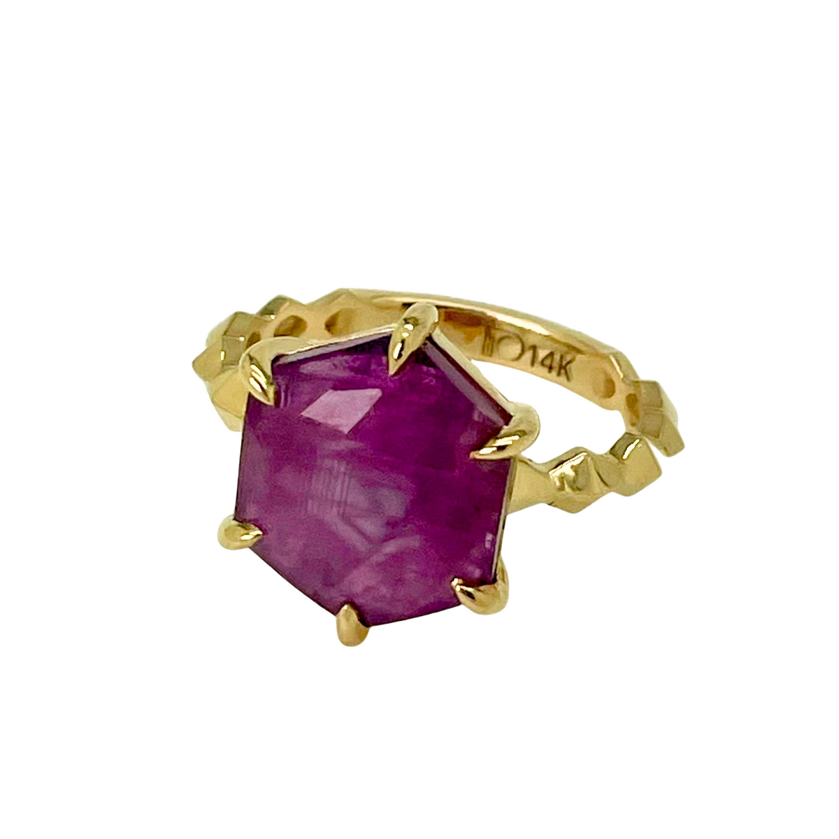 14K Yellow Gold ring with a ruby gemstone on a white background