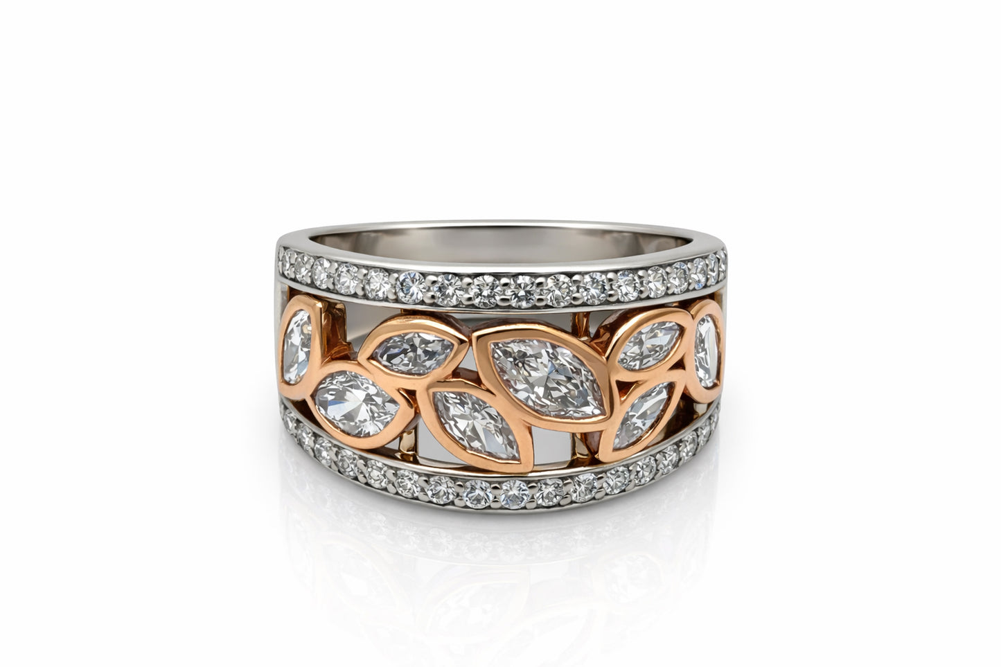 14K Two-Tone Natural Diamond Leaf Ring – 1.40 CT