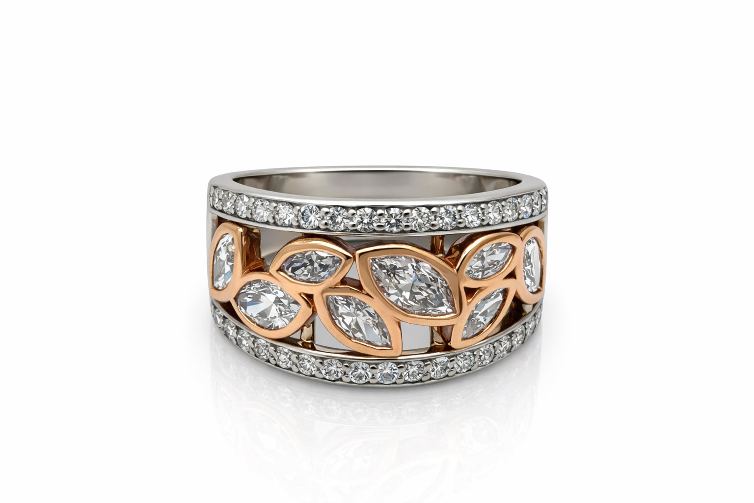 14K Two-Tone Natural Diamond Leaf Ring – 1.40 CT