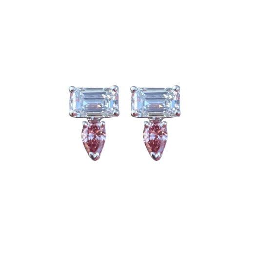 Pair of earrings with rectangular gemstones and pink accents on a white background