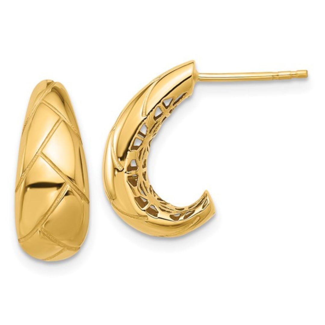 14k Yellow Gold Polished Etched J Hoop Earrings