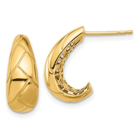 14k Yellow Gold Polished Etched J Hoop Earrings