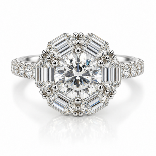 18K White Gold Floral Halo Ring with 1.20ctw Certified Lab Grown Round Diamond