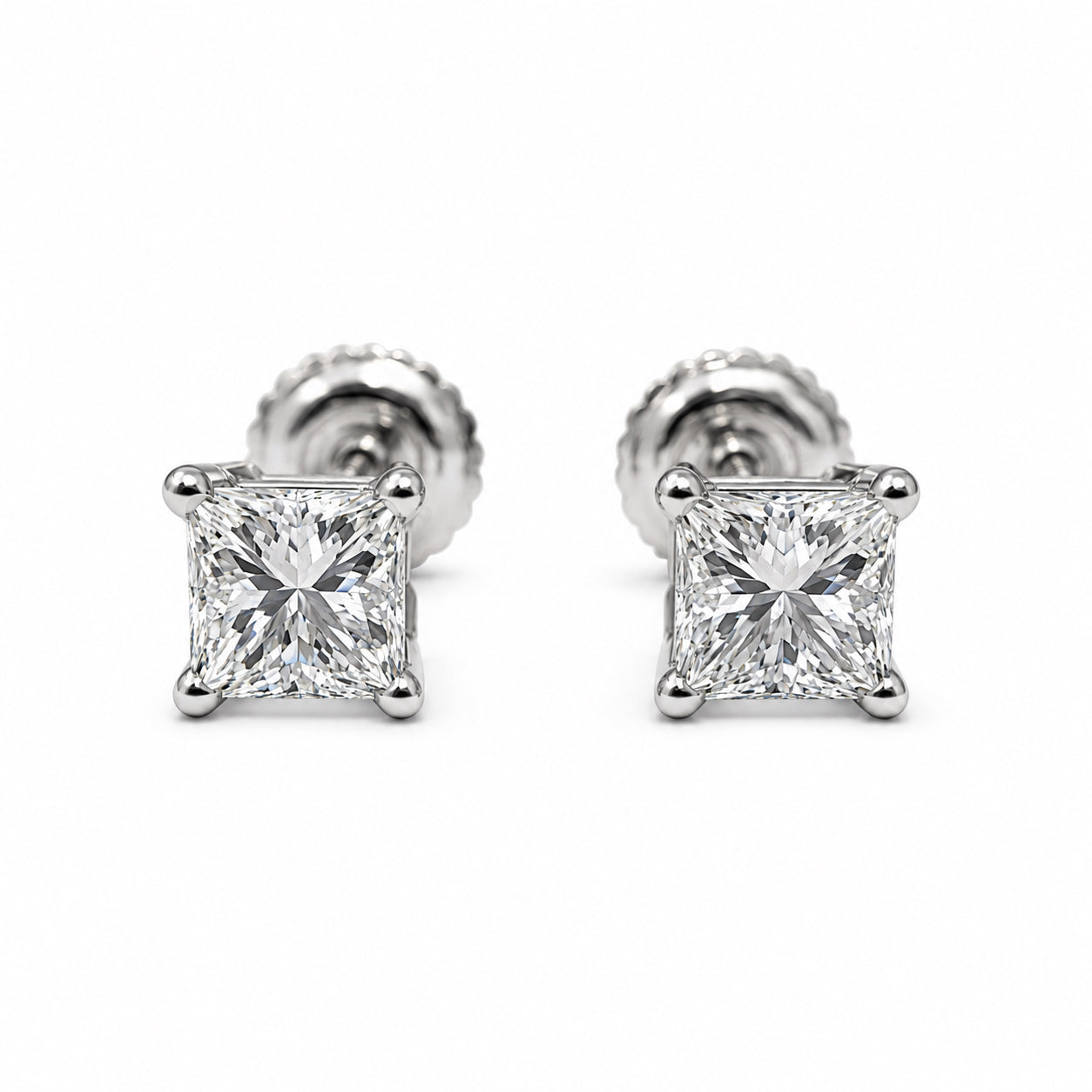 18K White Gold Stud Earrings with 0.96CTTW Princess Cut Natural Diamonds