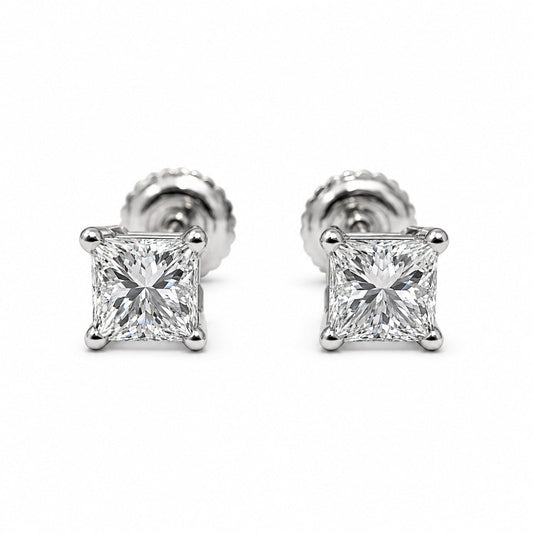 18K White Gold Stud Earrings with 0.96CTTW Princess Cut Natural Diamonds