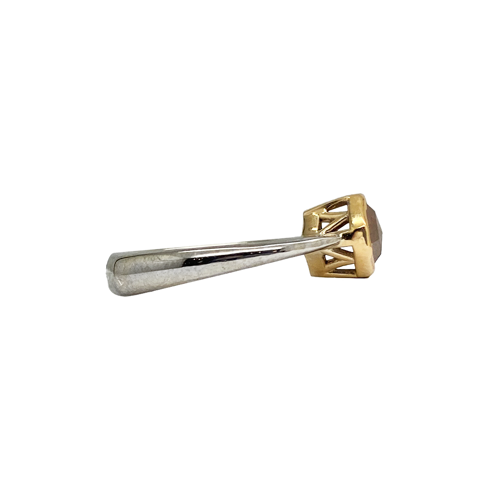 Side view of hexagon-shaped salt and brown diamond ring with a mixed metal band featuring white gold and yellow gold.