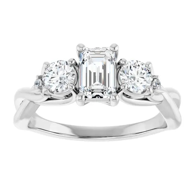 Diamond ring with emerald-cut center stone and round side stones on a white background