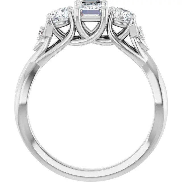Silver ring with a central diamond and smaller diamonds on a white background