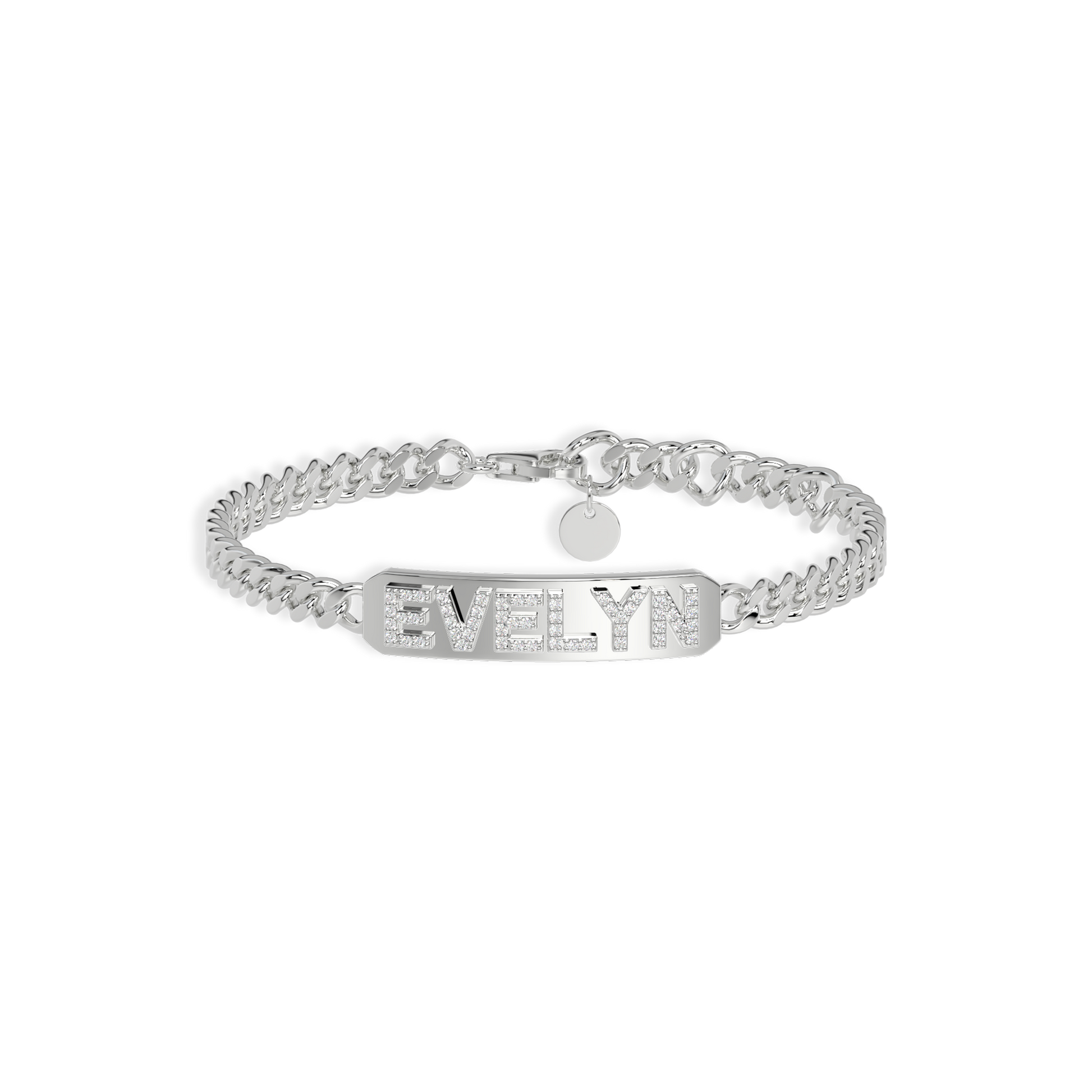 Rhodium Plated Silver Pavé Letter ID Bar Curb Chain Bracelet His & Her ID Bar AW24B001R