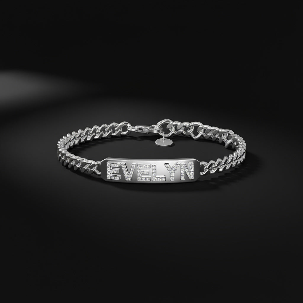 Rhodium Plated Silver Pavé Letter ID Bar Curb Chain Bracelet His & Her ID Bar AW24B001R