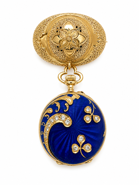 Antique 18K Yellow Gold Blue Enamel Diamond Watch Brooch