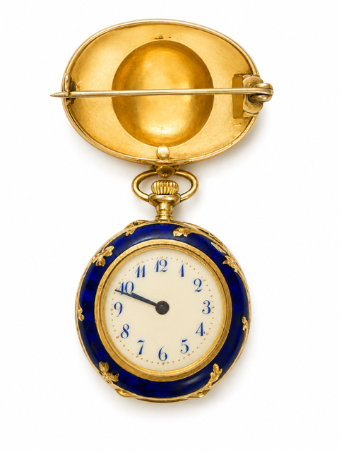 Antique 18K Yellow Gold Blue Enamel Diamond Watch Brooch