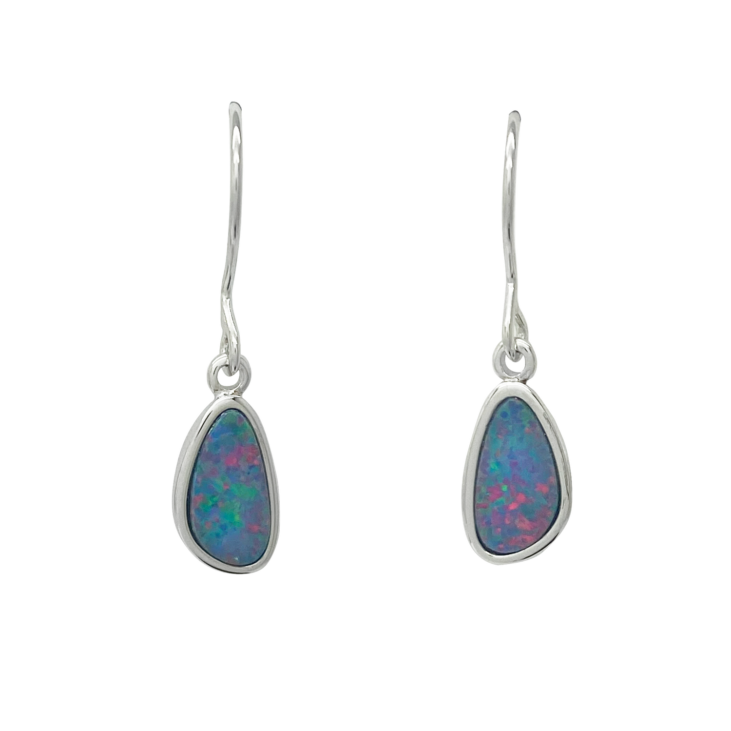 Teardrop-shaped opal earrings on a white background