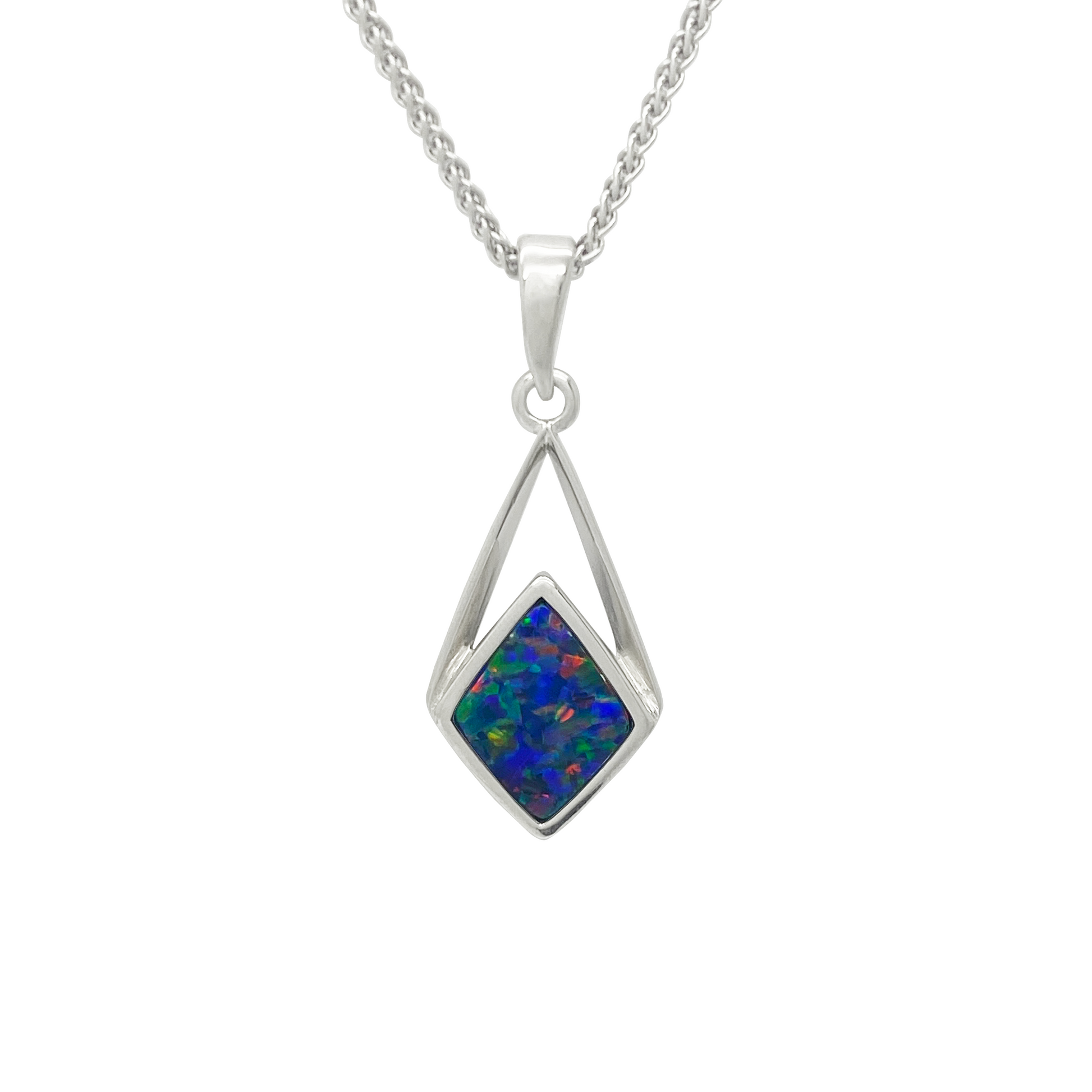 Silver necklace with a diamond-shaped pendant featuring a multicolored stone on a white background