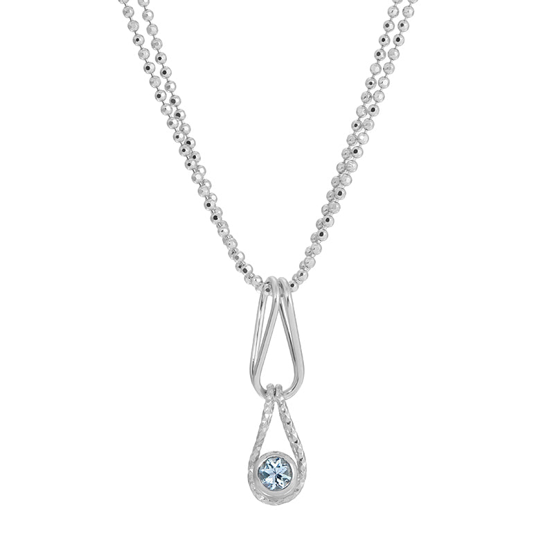 Silver necklace with a teardrop-shaped pendant on a white background