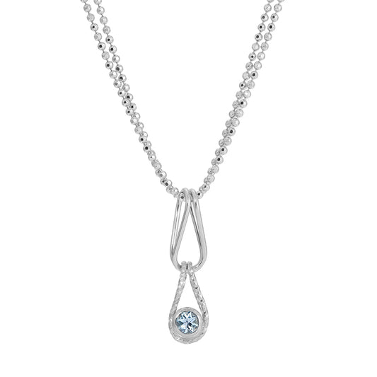 Silver necklace with a teardrop-shaped pendant on a white background