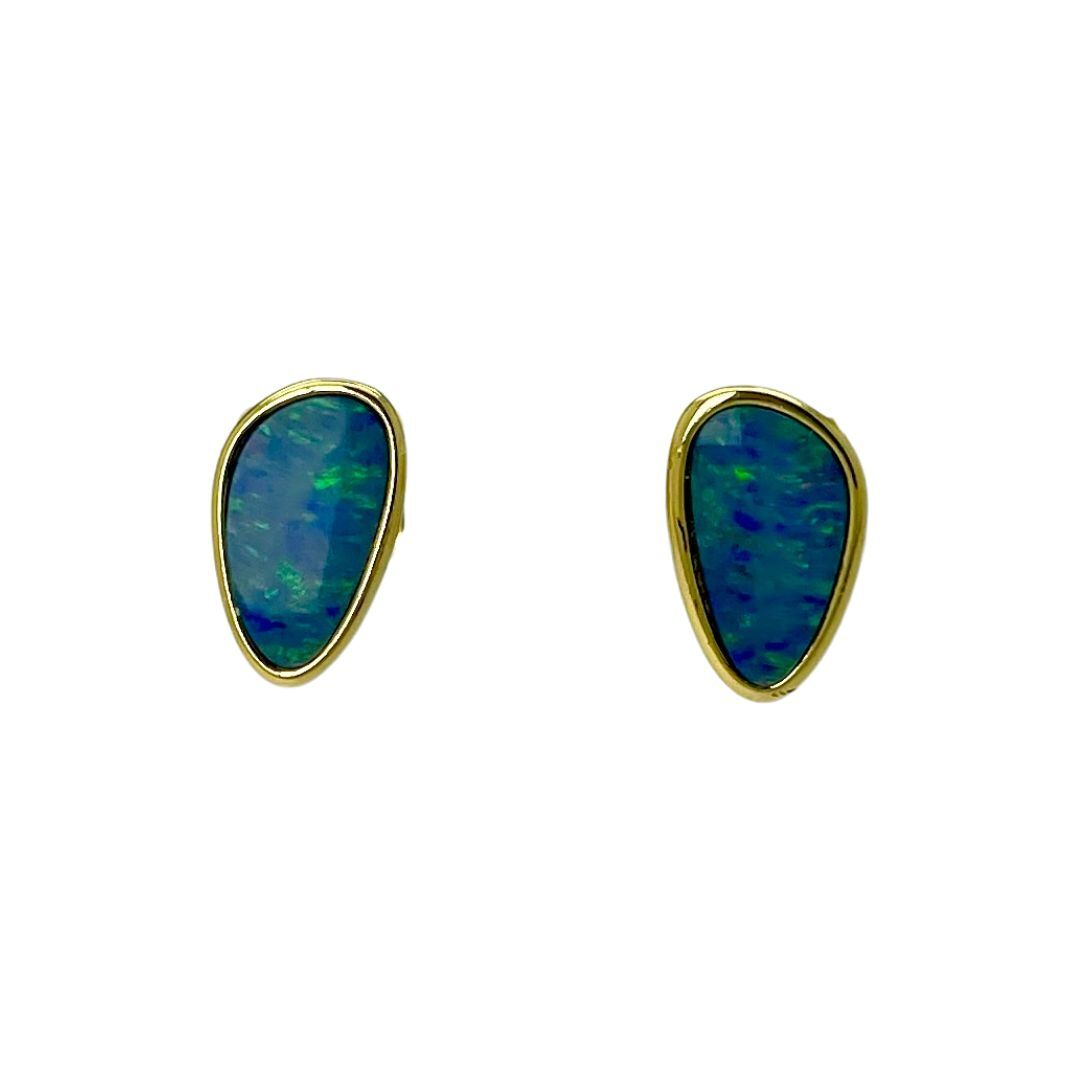 Pair of gold-framed blue opal earrings on a white background