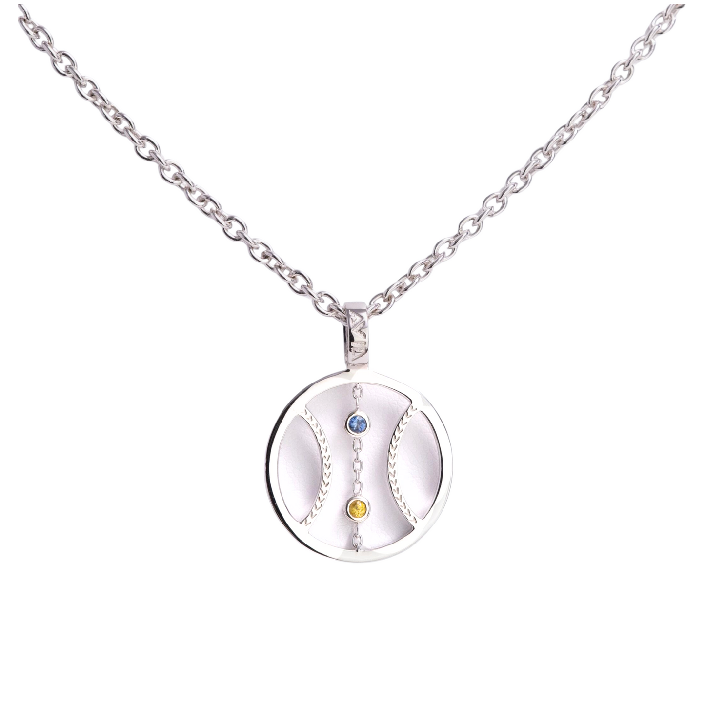 Silver necklace with a round pendant featuring a yellow center and blue accents on a white background