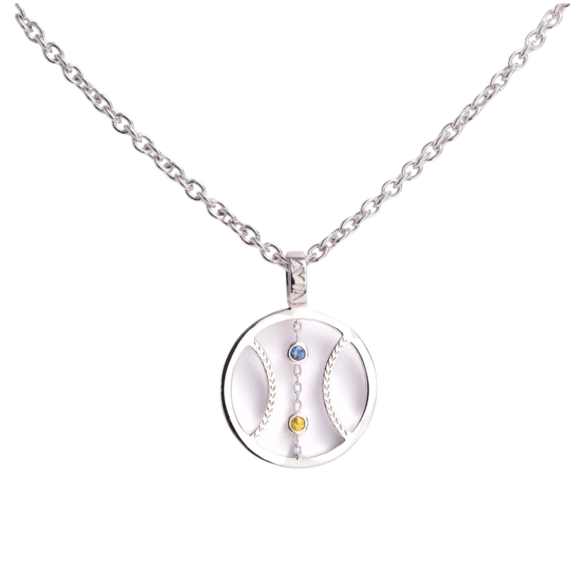 Silver necklace with a round pendant featuring a yellow center and blue accents on a white background