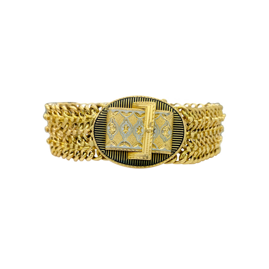 Gold chain belt with a decorative buckle on a white background