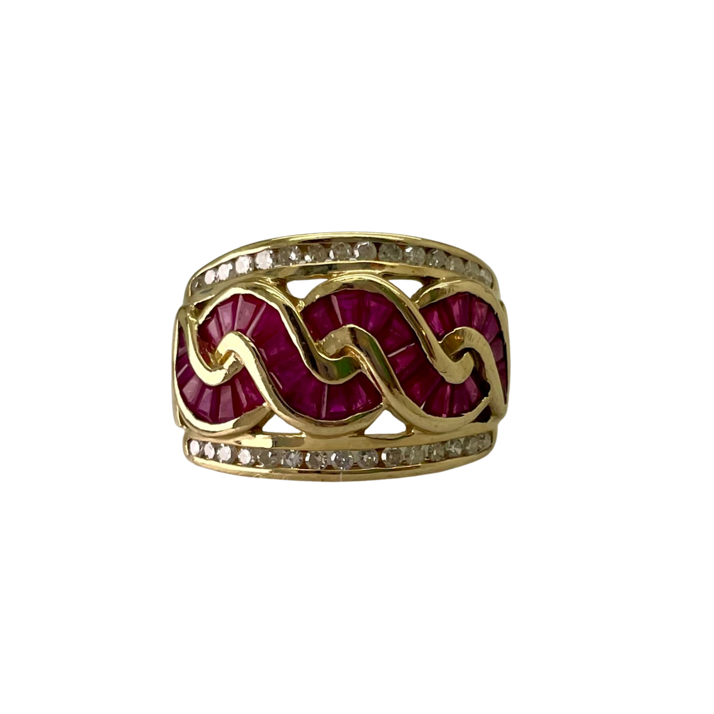 Gold ring with red gemstones and diamond accents on a white background