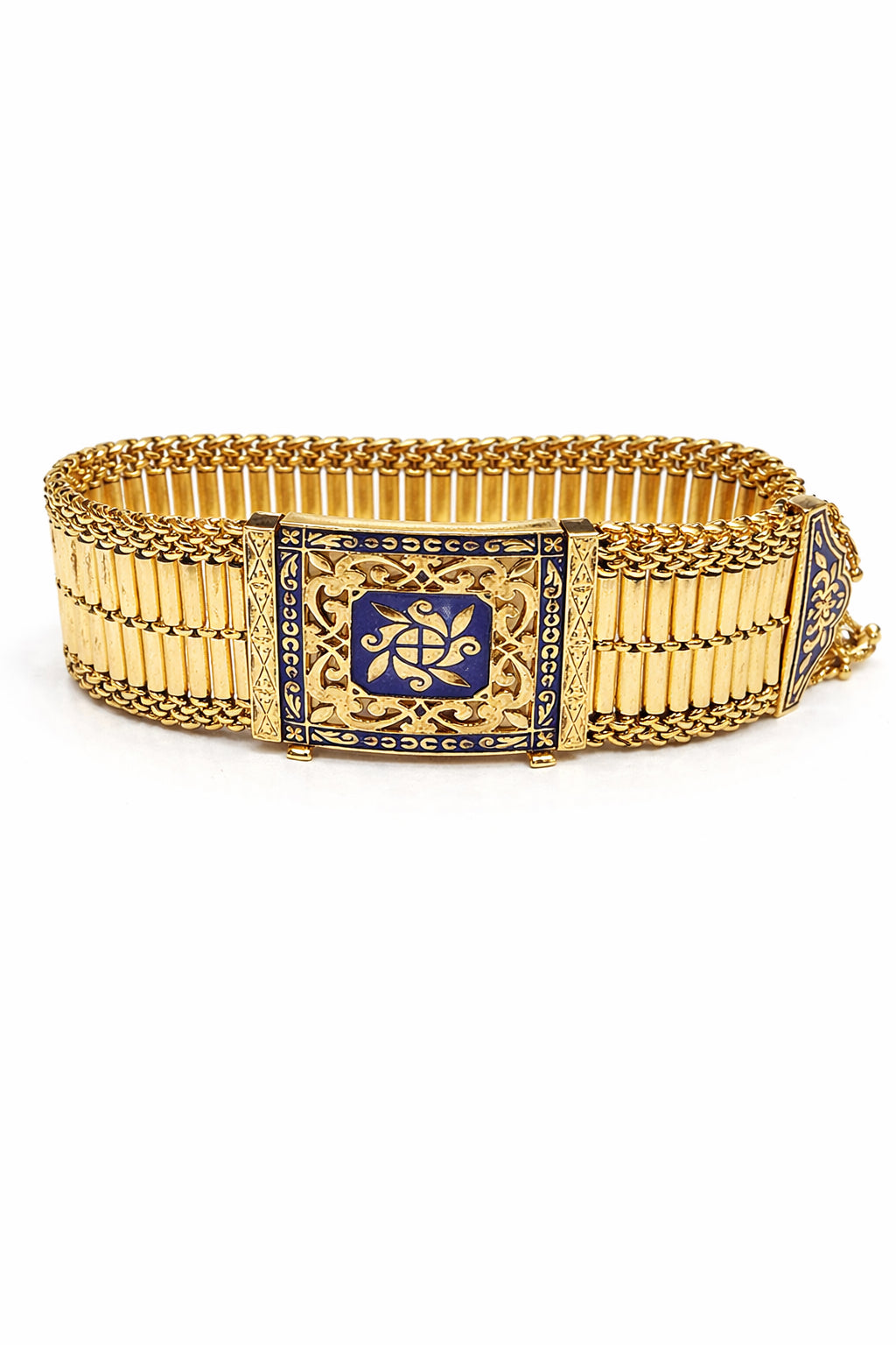 14kt Gold Bracelet with Blue Enamel Trim 8"