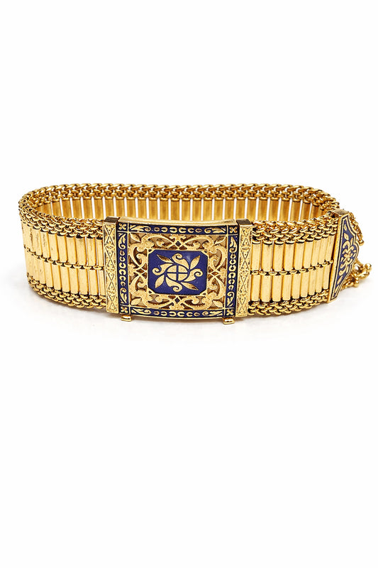 14kt Gold Bracelet with Blue Enamel Trim 8"