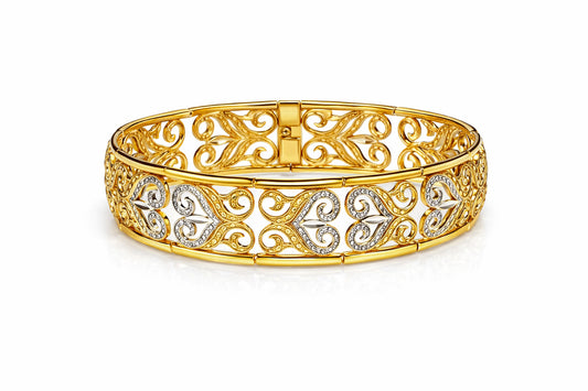 Two Tone Hinged Wide Decorative Bracelet, 14kt, 7.25"