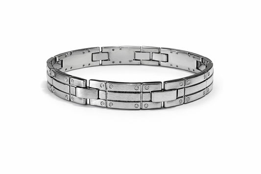 Silver metal bracelet on a white background