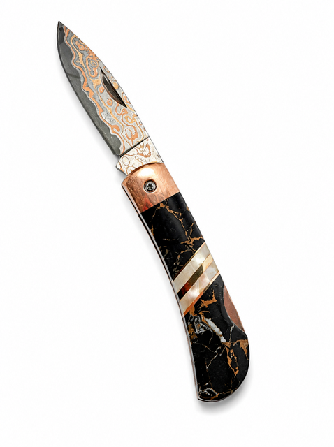 Copper Damascus Lock Back Bronze Knife