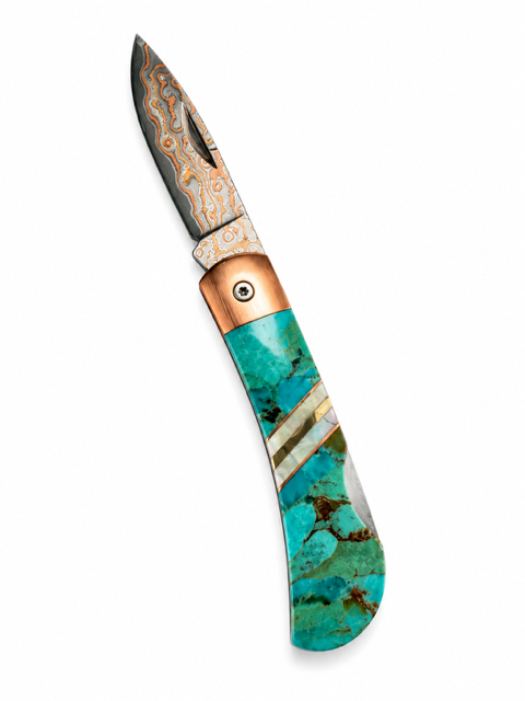 Copper Damascus Lock Back Turquoise Knife