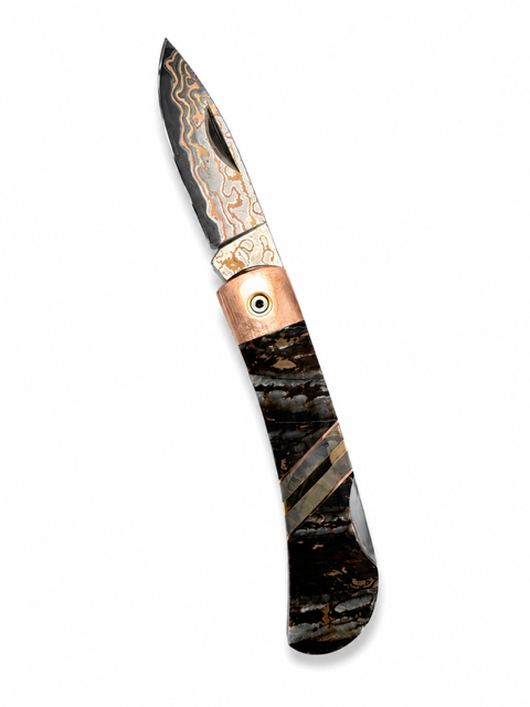 Copper Damascus Mammoth Tooth Lock Back Knifes