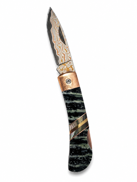 Copper Damascus Mammoth Tooth Lock Back Knifes